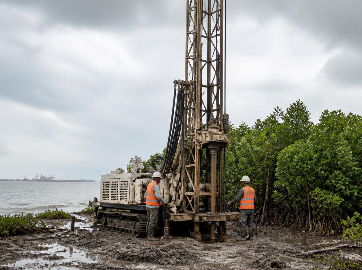 Técnicos de AvanceMP realizando un sondeo exploratorio con equipo de perforación en terreno costero húmedo de Campeche