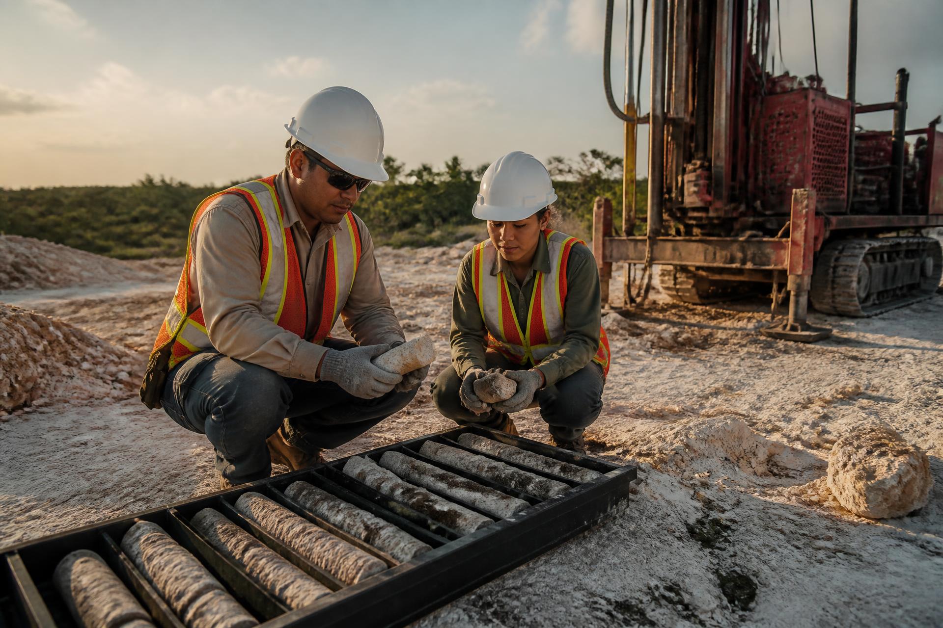Personal técnico con EPP revisando muestras de roca caliza junto a un equipo de sondeo en un terreno de la Península de Yucatán