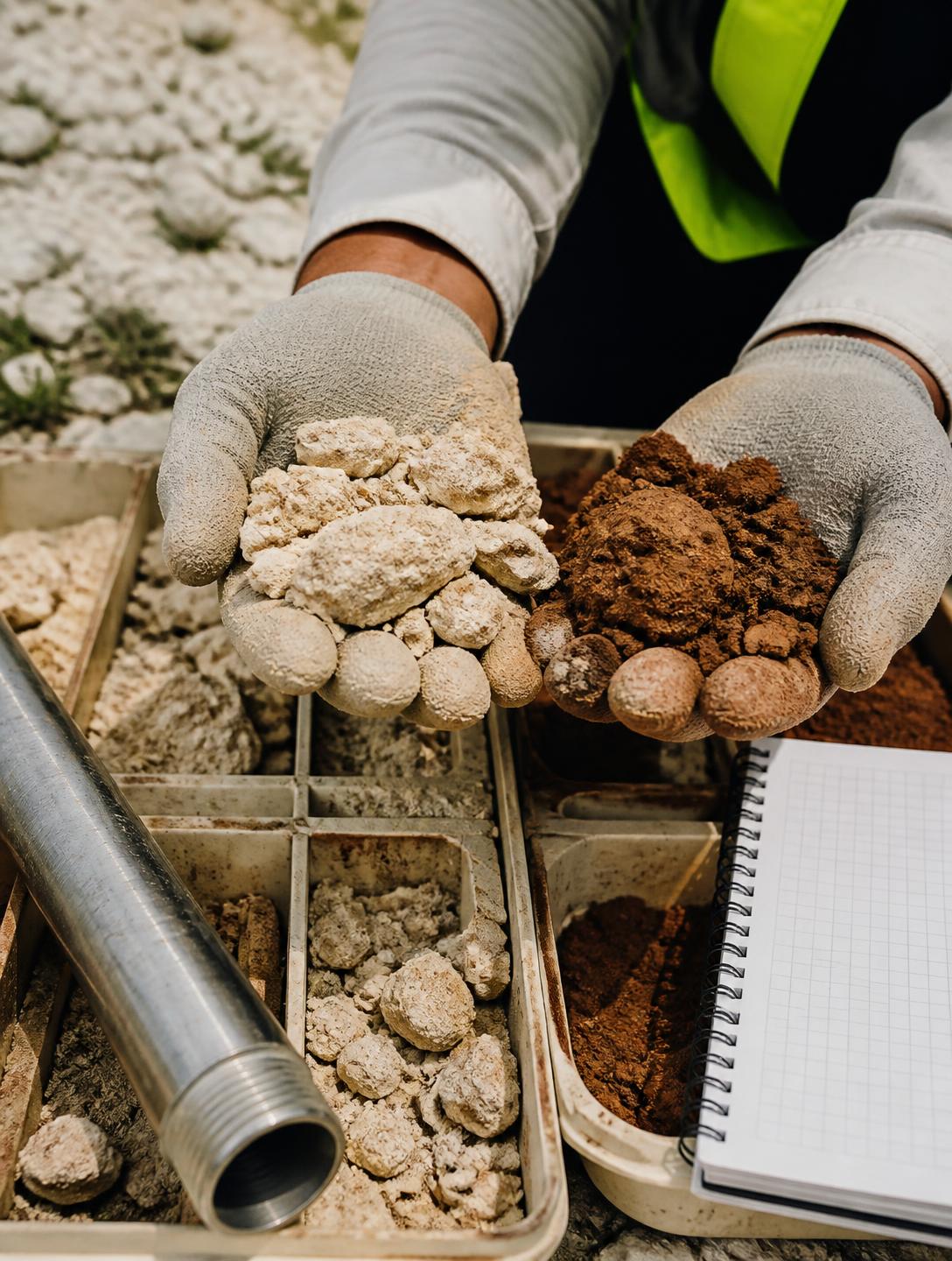 Técnico con guantes de trabajo sosteniendo muestras de roca caliza y arcilla del terreno en la Península de Yucatán