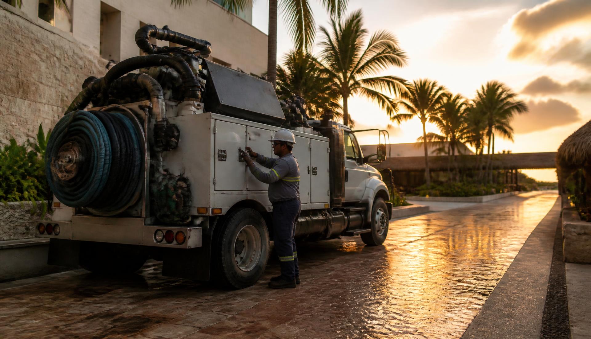 Camión de mantenimiento con mangueras industriales al atardecer junto a una zona de servicio en la Riviera Maya