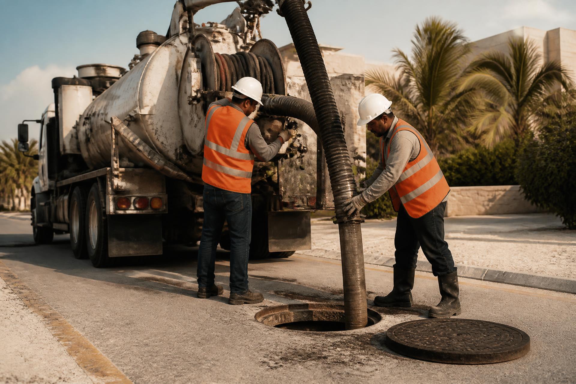 Camión de succión y personal técnico con EPP realizando desazolve en un registro pluvial en Cancún, Quintana Roo