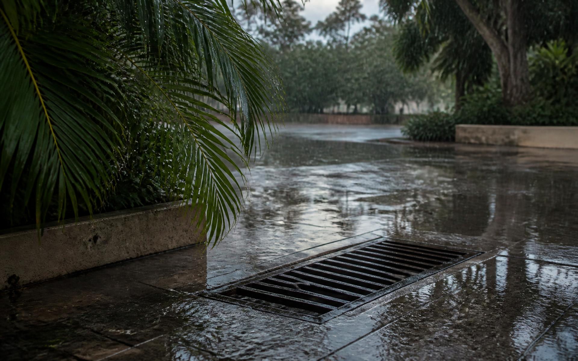 Lluvia tropical cayendo sobre un andador con rejilla pluvial y vegetación de la Península de Yucatán
