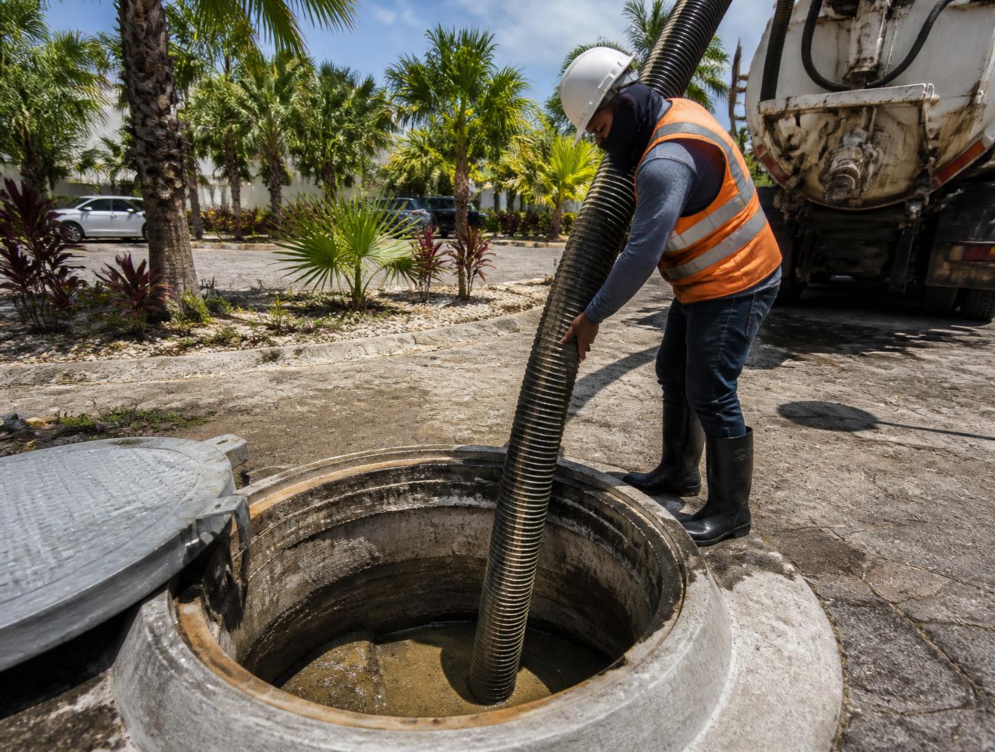 Técnico con casco y chaleco introduciendo manguera industrial de succión en un pozo pluvial de concreto en Playa del Carmen