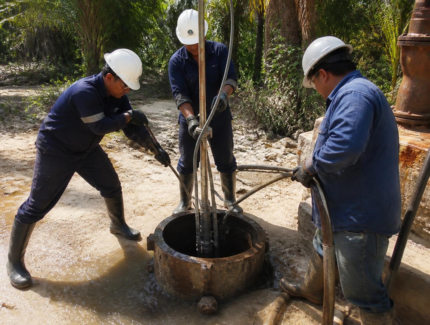 Personal técnico con EPP realizando desazolve en la boca de un pozo profundo en terreno calizo de la Península de Yucatán