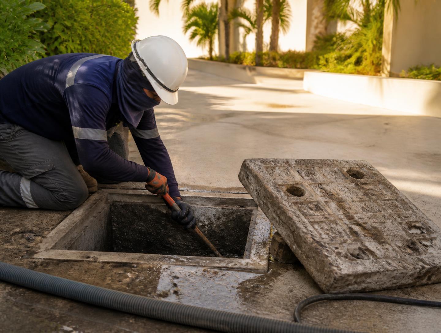 Operario con EPP limpiando sedimento de un registro de concreto en un andador de desarrollo hotelero
