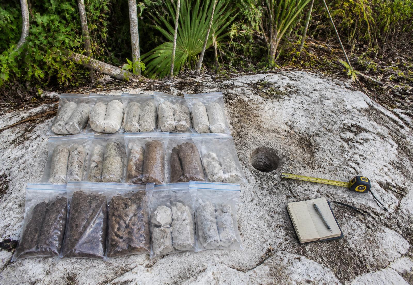 Muestras de suelo y roca caliza ordenadas en bolsas junto a una perforación de sondeo exploratorio