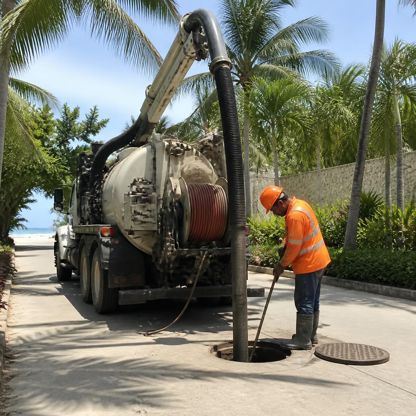 Unidad de desazolve y operador con EPP trabajando en un registro sobre un acceso pavimentado en Quintana Roo