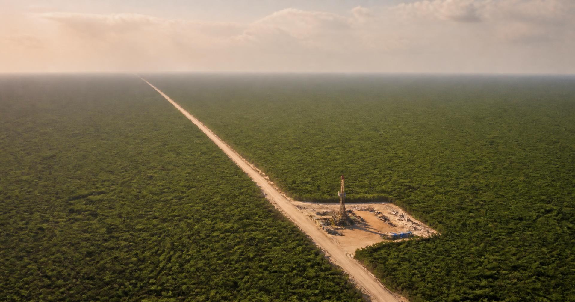 Vista aérea de la selva de la Península de Yucatán cruzada por un camino de sascab hacia un sitio de perforación