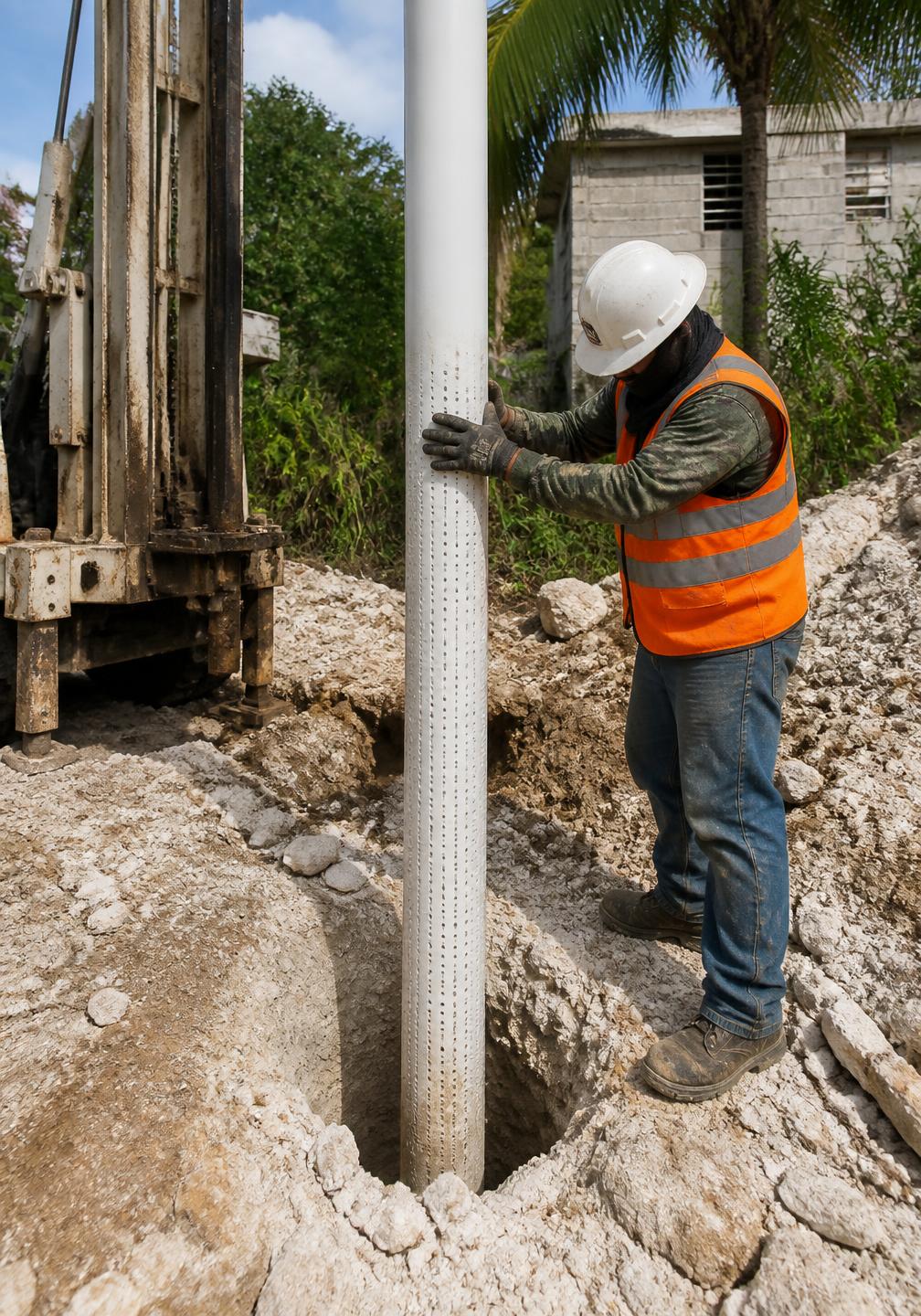 Colocación de ademe ranurado en un pozo de absorción excavado en subsuelo calizo