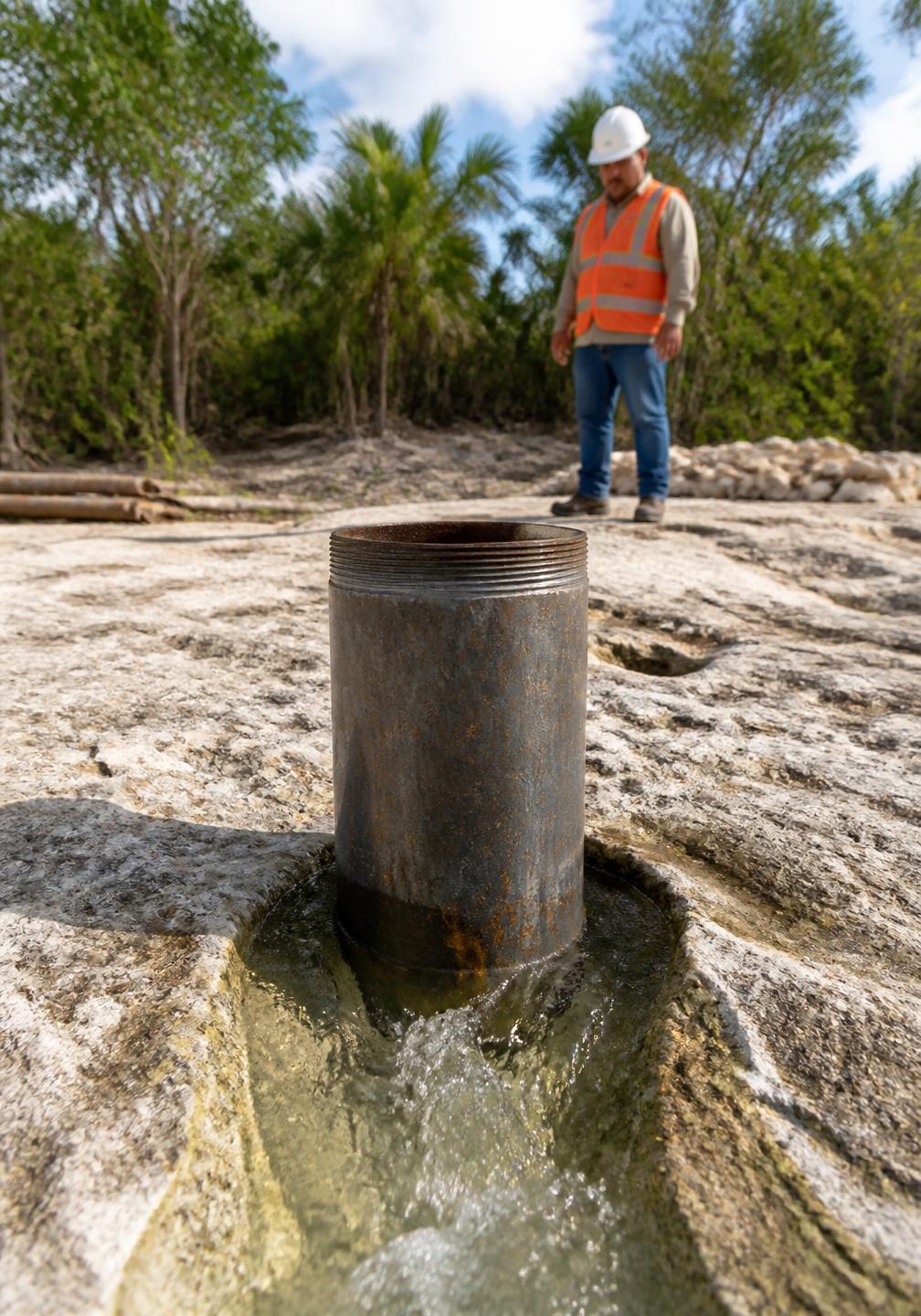 Ademe de acero de un pozo de agua recién terminado sobre roca caliza con vegetación tropical al fondo