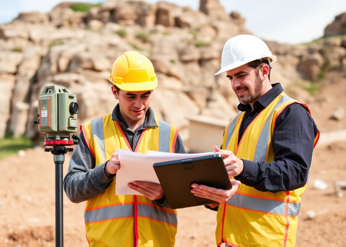Ingenieros revisando planos con equipo topográfico en campo